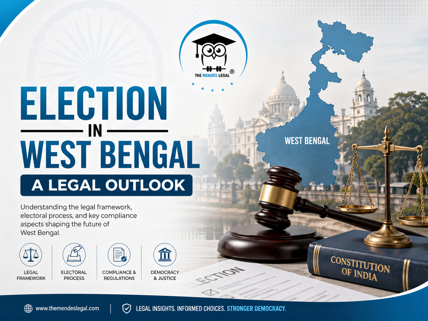 Illustration representing the 2026 West Bengal Assembly Election featuring EVMs, political unrest, voter lists, constitutional symbols, and election-related tensions in West Bengal.